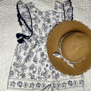 Happily Grey Seaside Romper and Woven Straw Hat Navy & White Size 5T